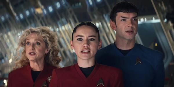 Pelia, La'an, and Spock in the Star Trek: Strange New Worlds Musical episode.